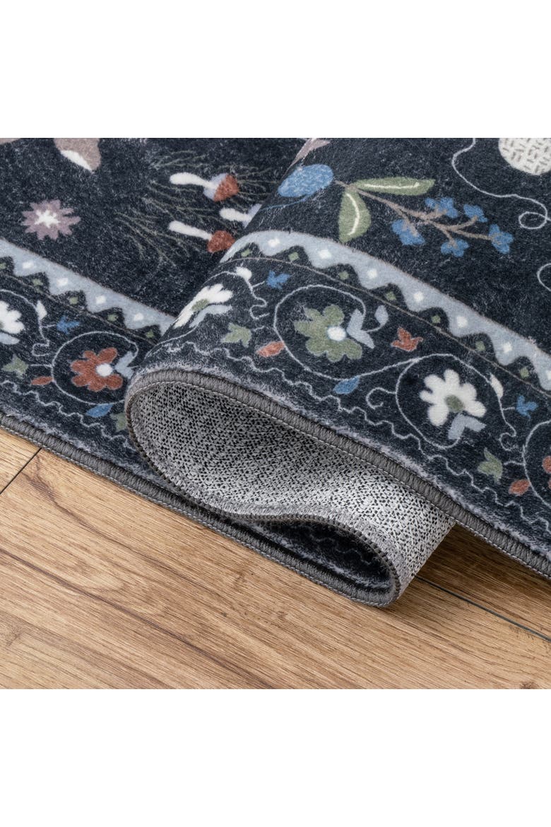 Catmosphere Festive Feline Floral Border Non-Slip Machine-Washable Rug, Alternate, color, Charcoal
