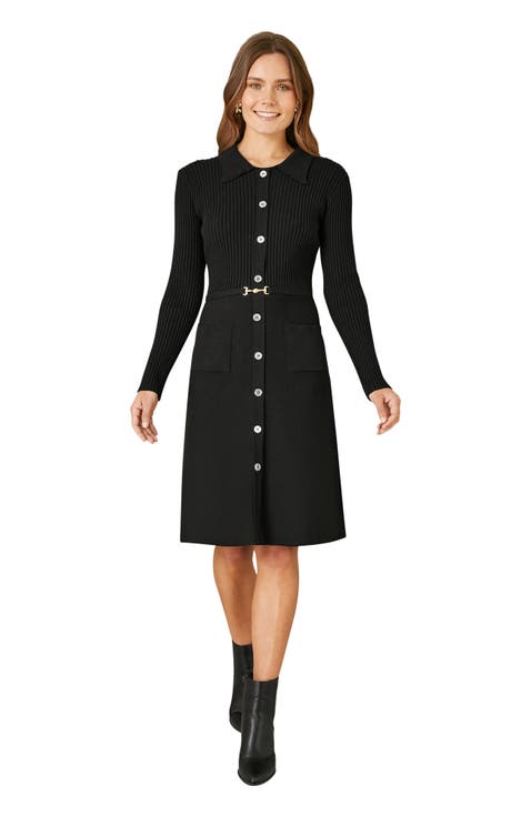 Belted Rib Knit Midi Dress With Pockets