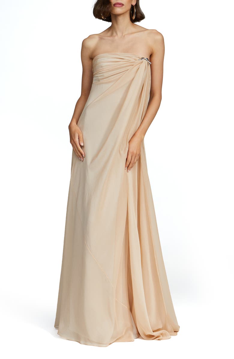 HALSTON Oyster Strapless Chiffon Gown, Main, color, Oyster