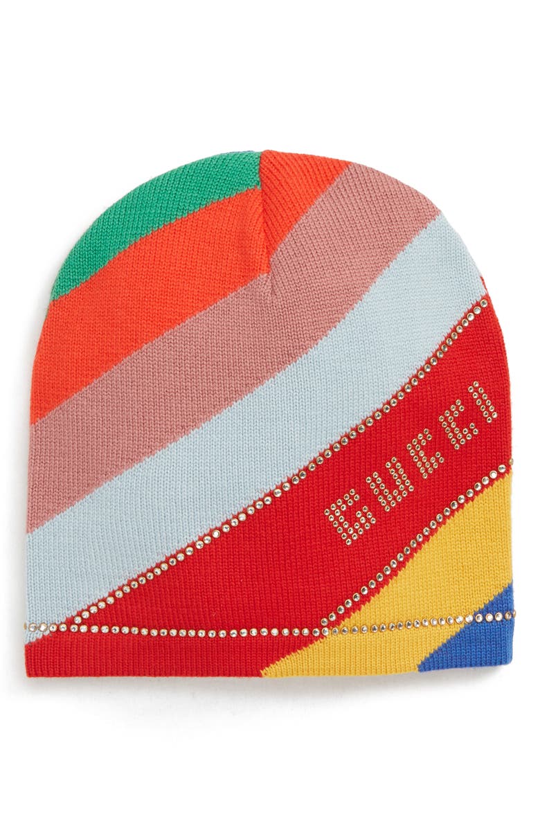 Gucci Crystal Logo Stripe Wool Beanie, Main, color, 