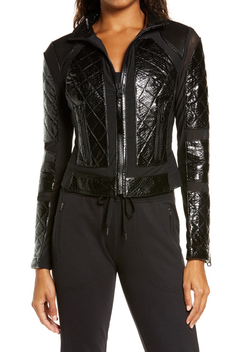Quilted Snake Embossed Faux Patent Leather & Mesh Moto Jacket, Main, color, BLACK SNAKE
