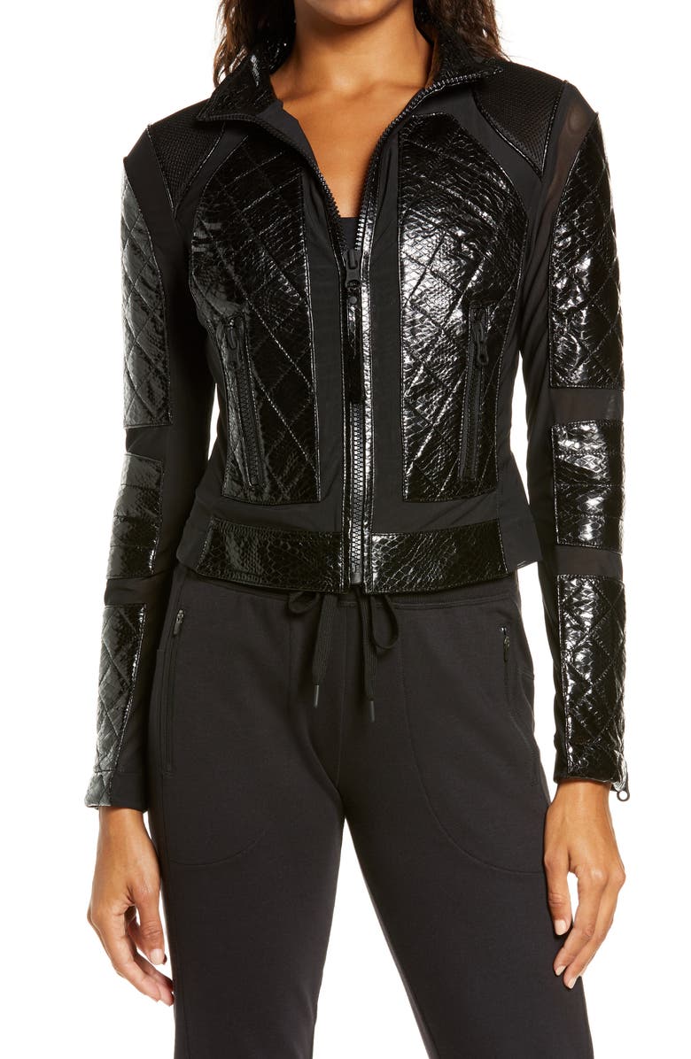 Blanc Noir Quilted Snake Embossed Faux Patent Leather & Mesh Moto Jacket, Main, color, 