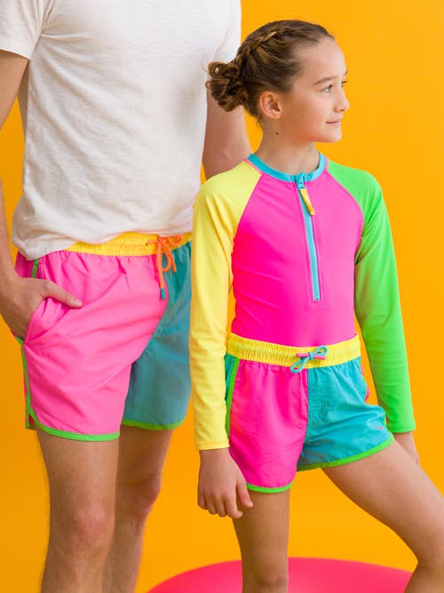 Rufflebutts Girls Upf50+ Sun Protection Long Sleeve Rash Guard One Piece In Neon Color Block