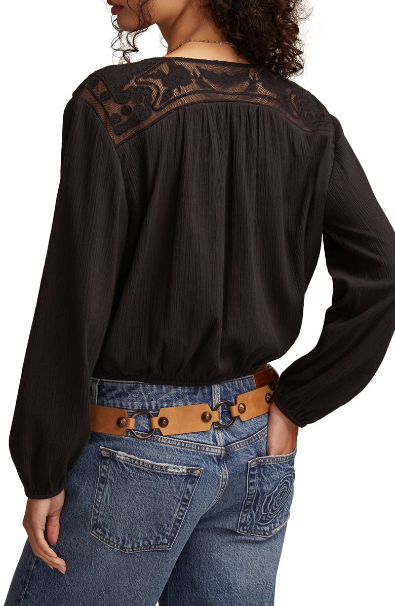 Lucky Brand Lace Inset Bubble Hem Cotton Button-Up Shirt, Alternate, color, Caviar