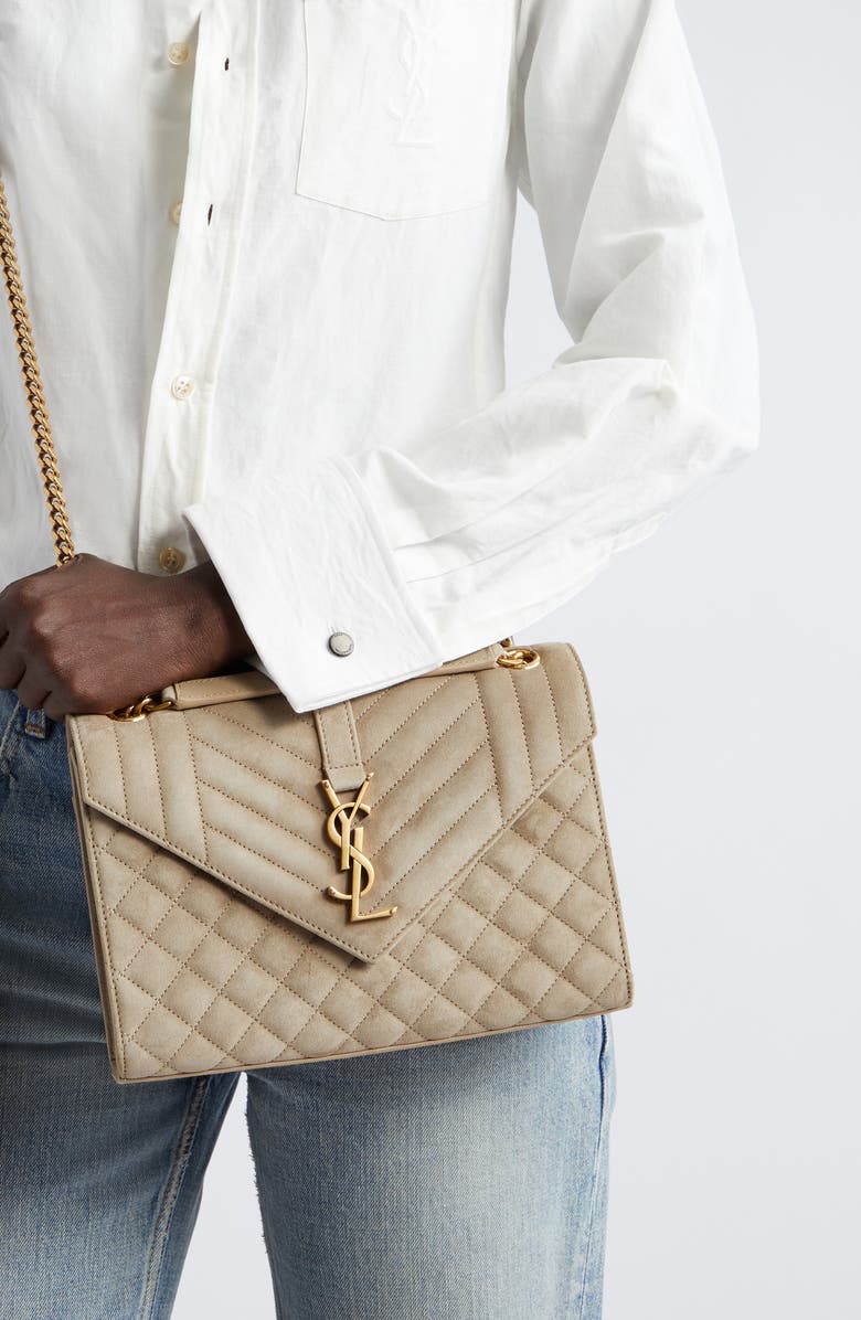 Saint Laurent Medium Envelope Suede Crossbody Bag, Alternate, color, Matt Gold