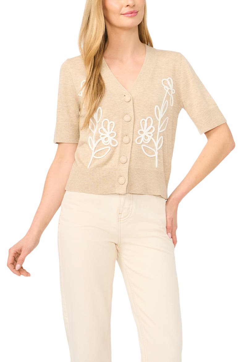 Embroidered Floral Short Sleeve Cardigan, Main, color, OATMEAL TAUPE