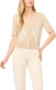 CeCe Embroidered Floral Short Sleeve Cardigan