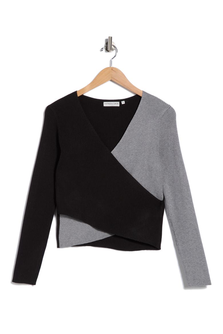 Colorblock Faux Wrap Sweater, Alternate, color, BLACK