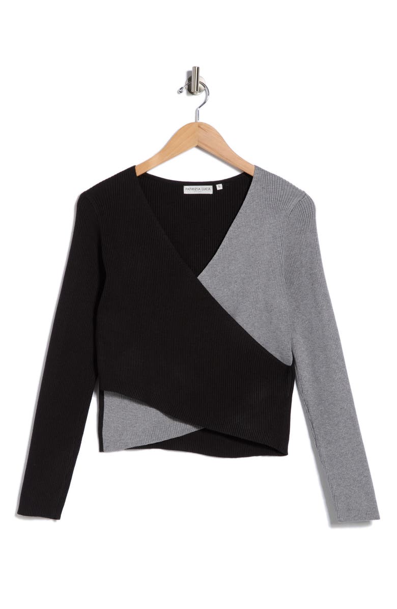 PATRIZIA LUCA Colorblock Faux Wrap Sweater, Alternate, color, Black