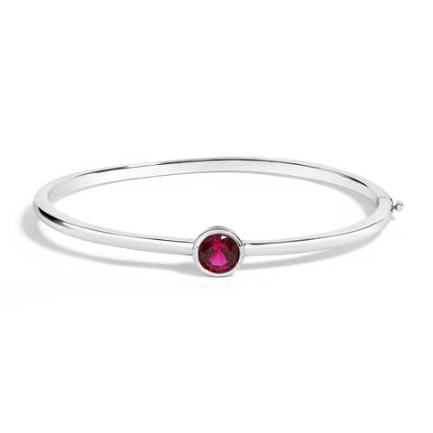 .925 Sterling Silver 7X7MM Created Red Ruby Solitaire Bangle Bracelet - 7 Inches