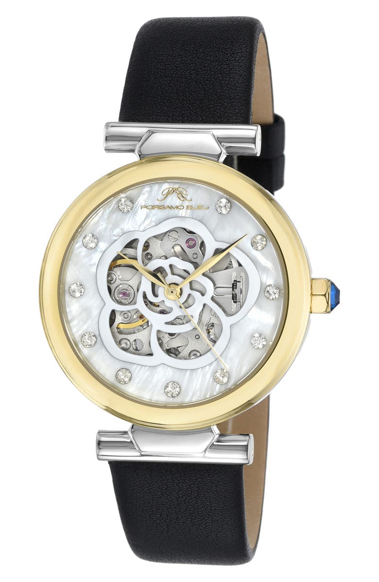 PORSAMO BLEU Laura White Topaz Automatic Leather Strap Watch, 36mm, Main, color, 