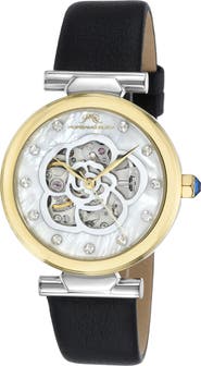 PORSAMO BLEU Laura White Topaz Automatic Leather Strap Watch, 36mm