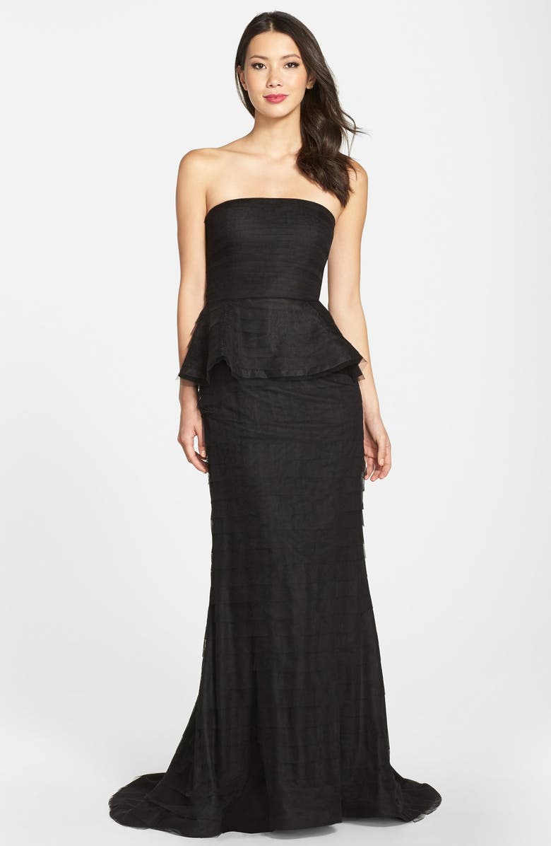 Adrianna Papell Shutter Pleat Mesh Peplum Gown, Main, color, 