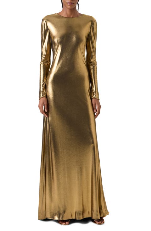 Metallic Long Sleeve Twist Back Jersey Gown