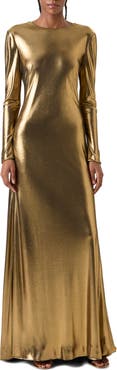 Akris Metallic Long Sleeve Twist Back Jersey Gown