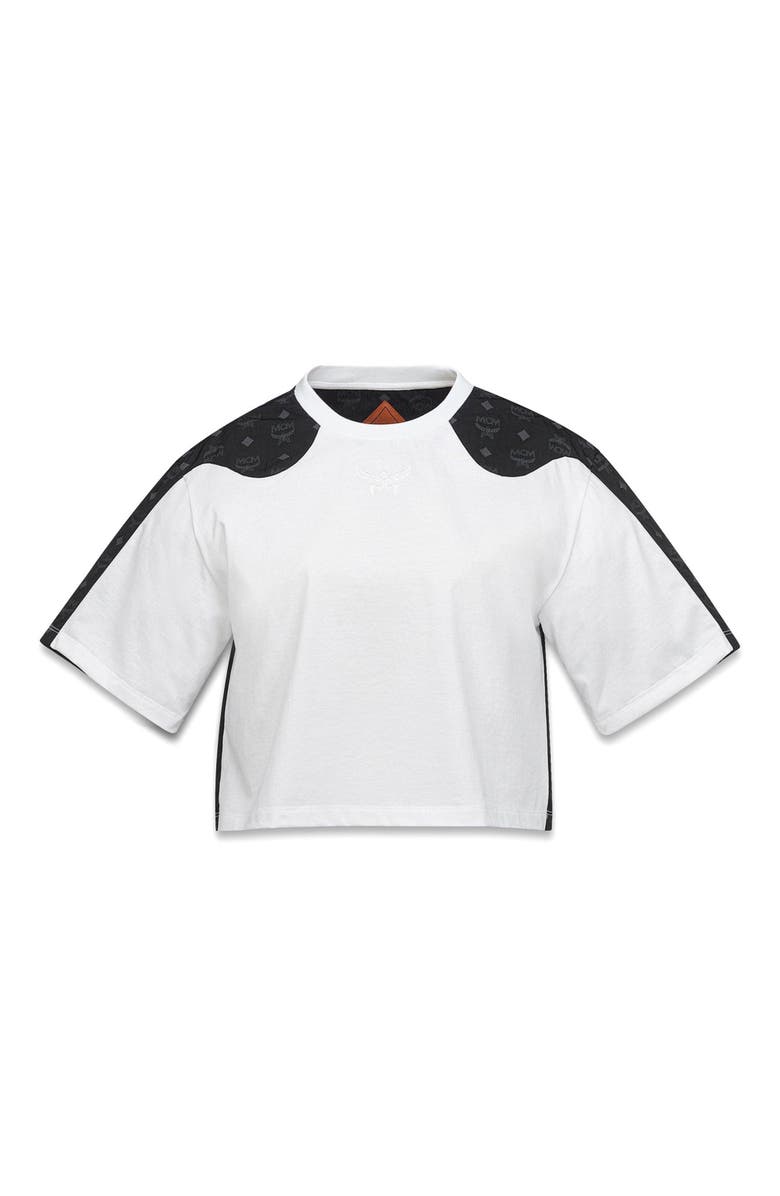 MCM Laurel Cropped T-Shirt in Organic Cotton and Monogram ECONYL, Alternate, color, Black And White