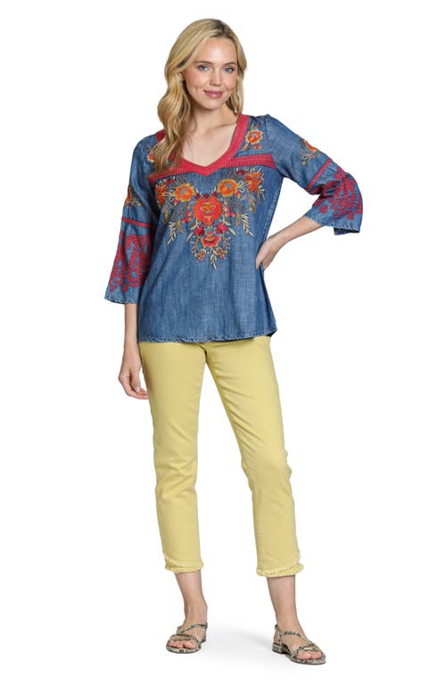 Apny Floral Embroidered Denim Top In Indigo