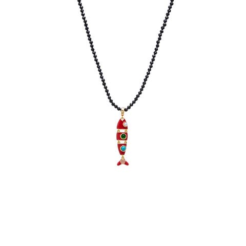 Red Enamel Fish Charm Beaded Necklace
