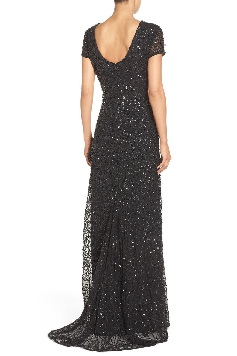 Short Sleeve Sequin Mesh Gown, Alternate, color, BLACK