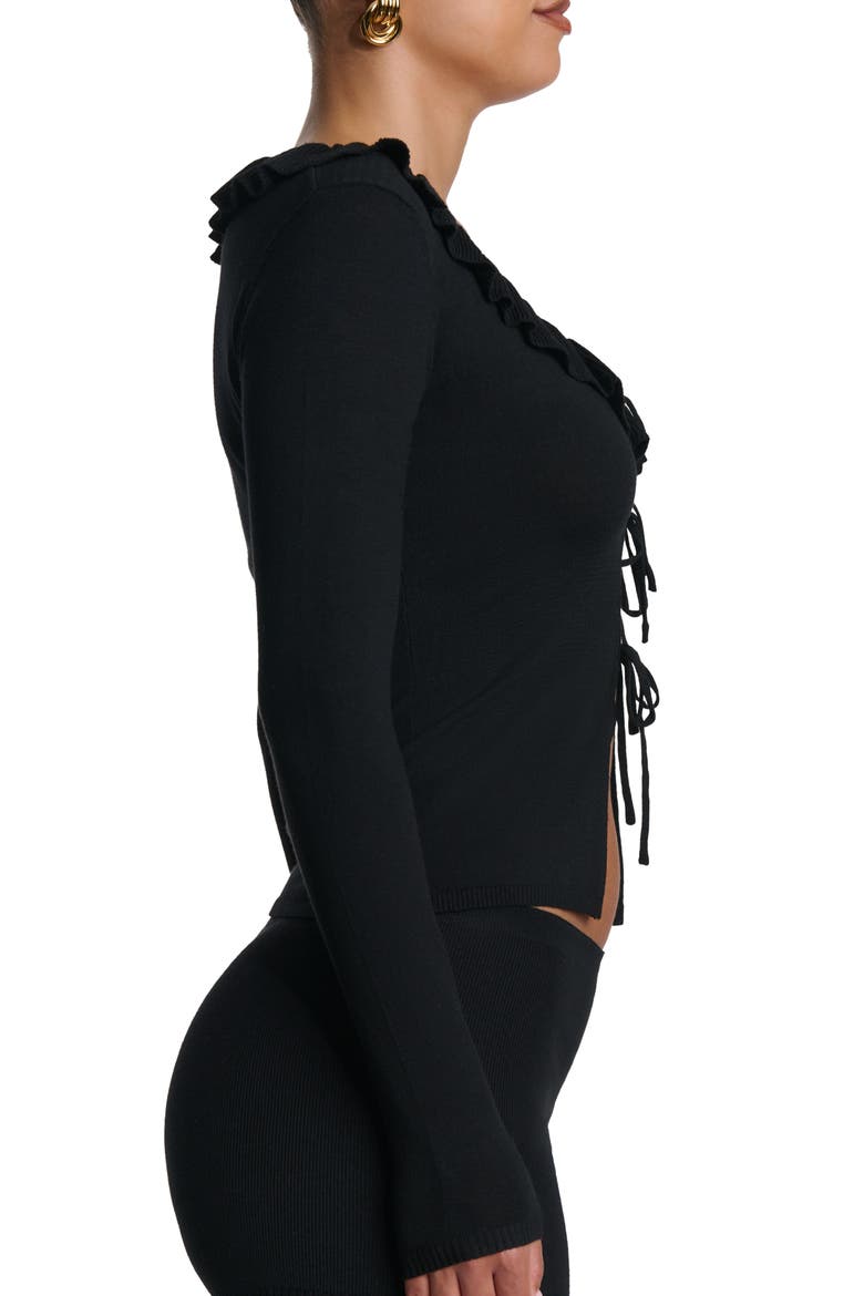 Ruffle Tie Front Cardigan, Alternate, color, BLACK