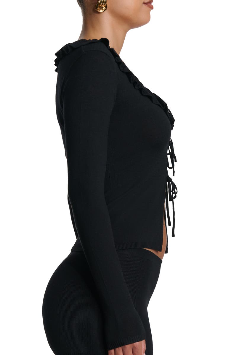 Naked Wardrobe Ruffle Tie Front Cardigan, Alternate, color, Black