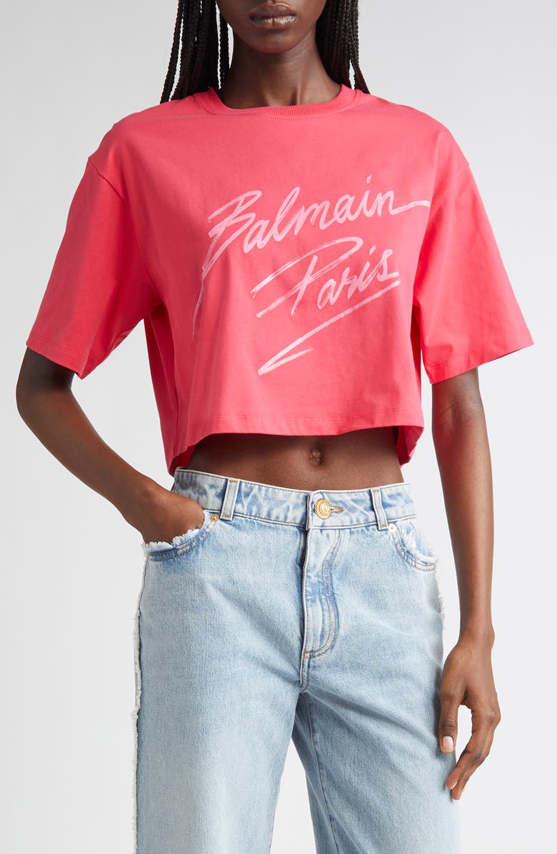 Balmain Baseball Logo Crop Graphic T-Shirt, Main, color, Fuschia/ Multi