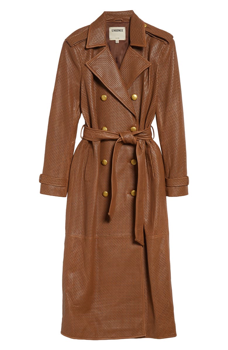 L'AGENCE Baylee Perforated Leather Trench Coat, Alternate, color, Soft Cognac
