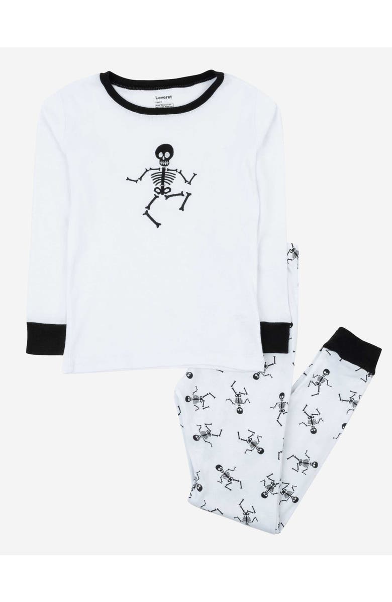 Leveret Kids Two-Piece Cotton Halloween Matching Family Pajamas, Fun Prints, Main, color, White Skeleton