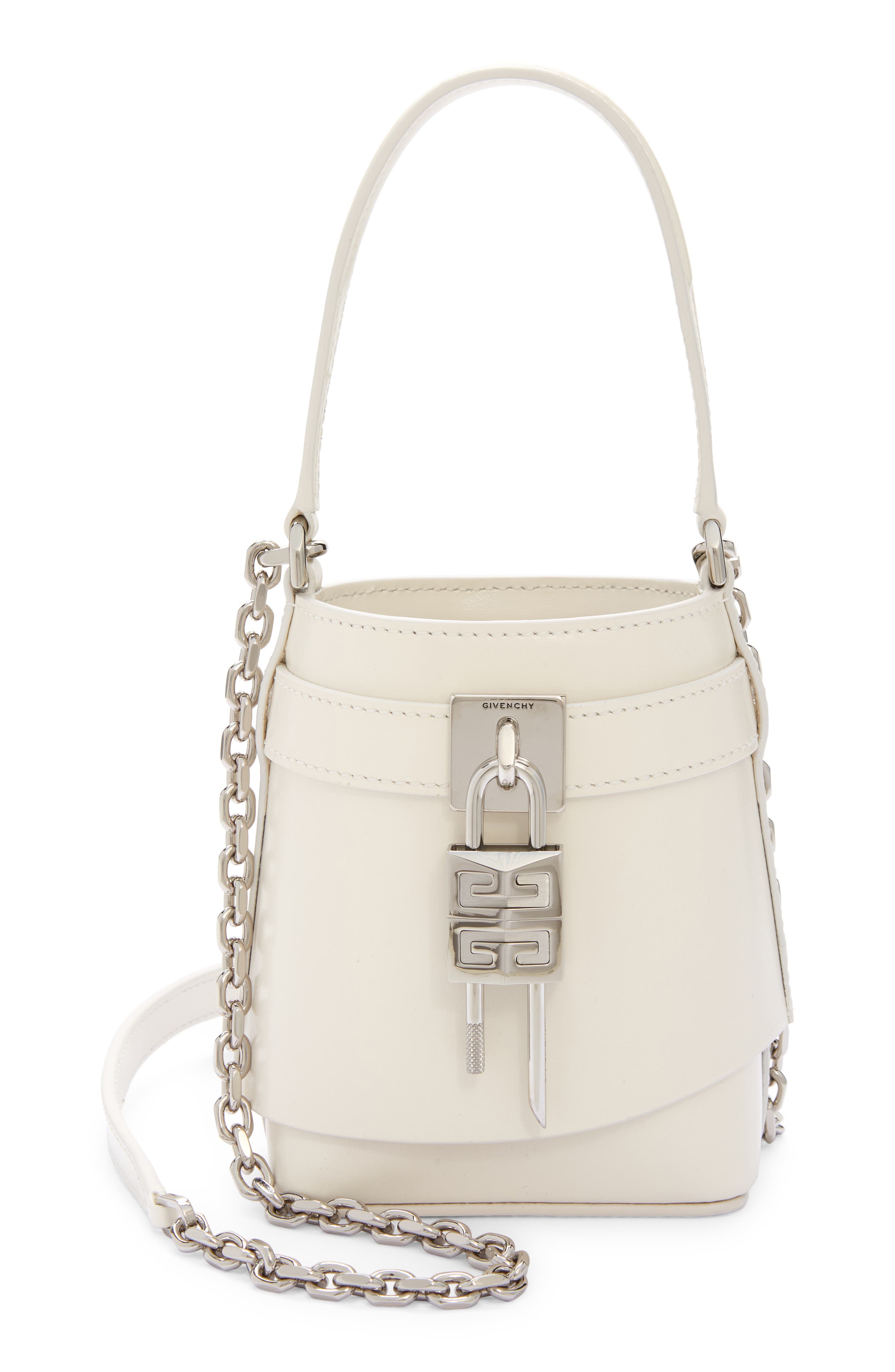 Micro Shark Lock Leather Bucket Bag, Main, color, IVORY