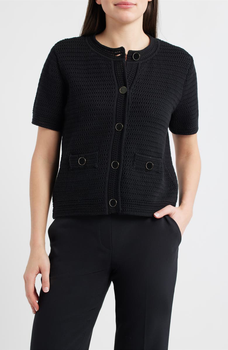 Anne Klein Textured Stitch Short Sleeve Cotton Cardigan, Main, color,