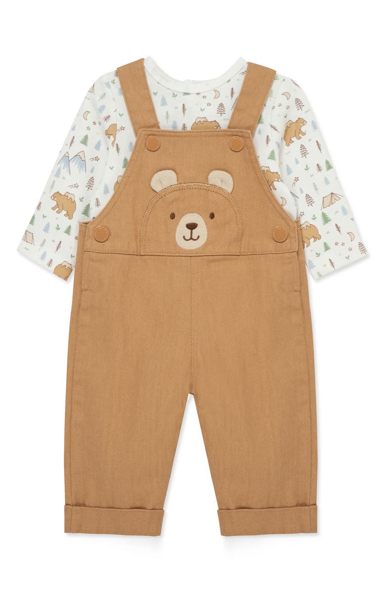 Little Me Bear Graphic T-Shirt & Overalls Set, Alternate, color, Brown
