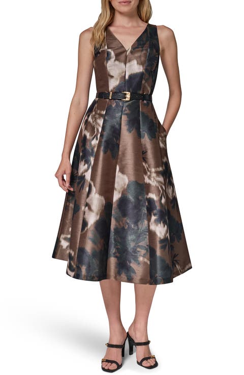 Printed V-Neck Belted Midi Dress