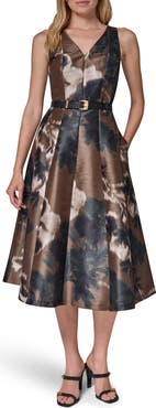 Donna Karan New York Printed V-Neck Belted Midi Dress