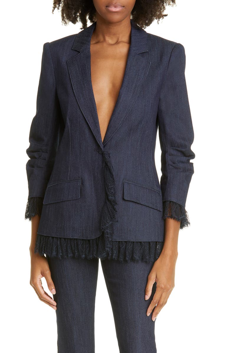 Cinq à Sept Roxie Lace Trim Denim Blazer, Main, color, Indigo