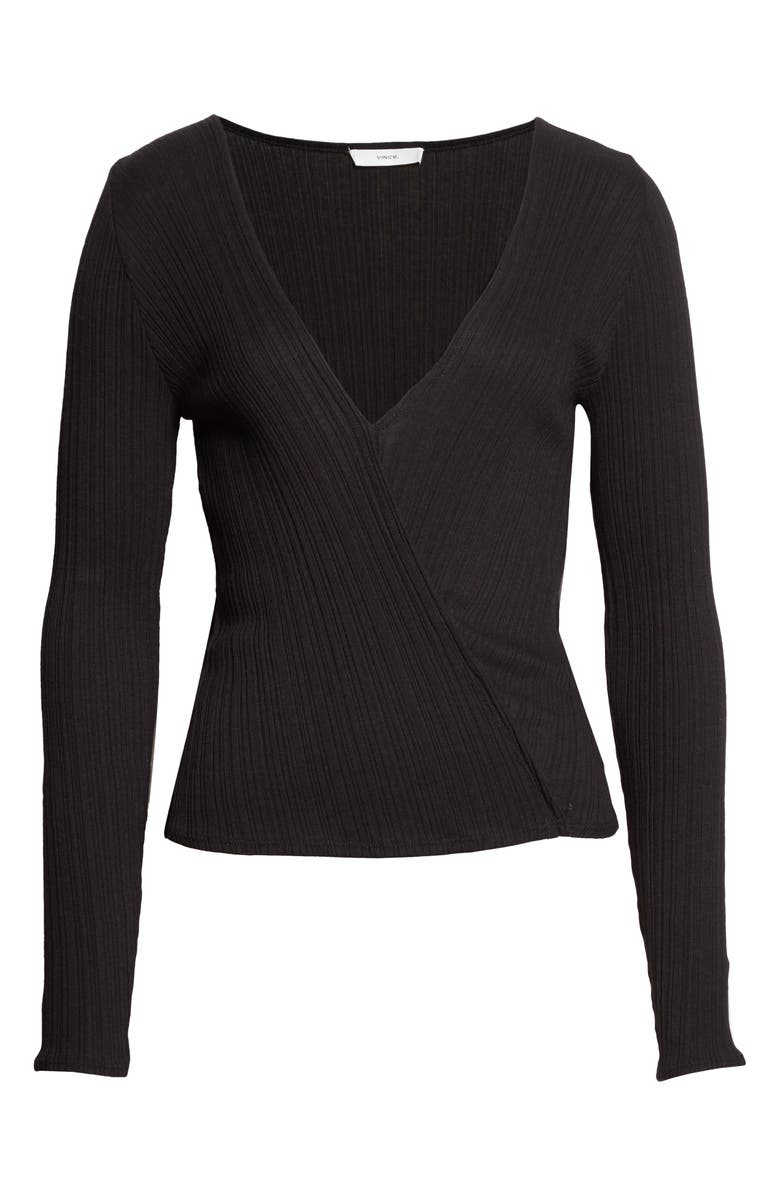 Vince Ribbed Long Sleeve Wrap Top, Alternate, color, Black