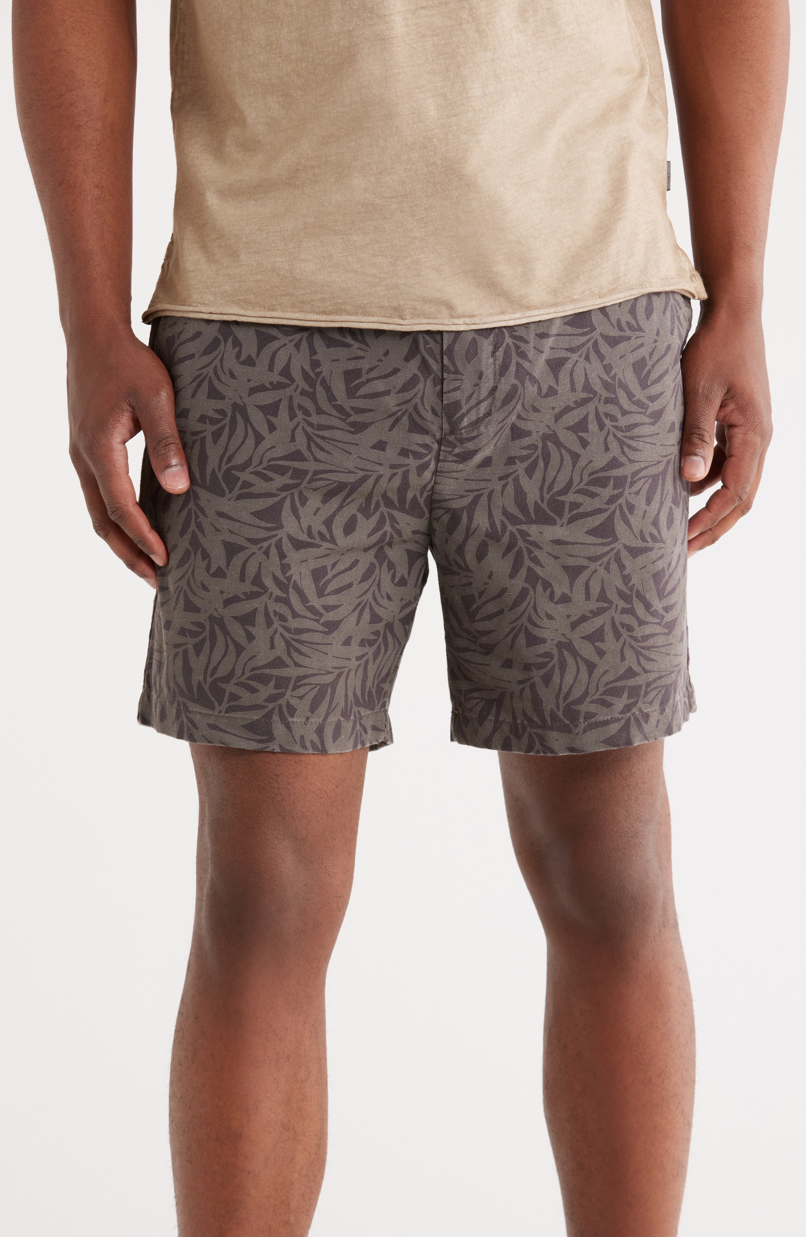 John Varvatos Daryl Leaf Print Cotton & Hemp Drawstring Shorts