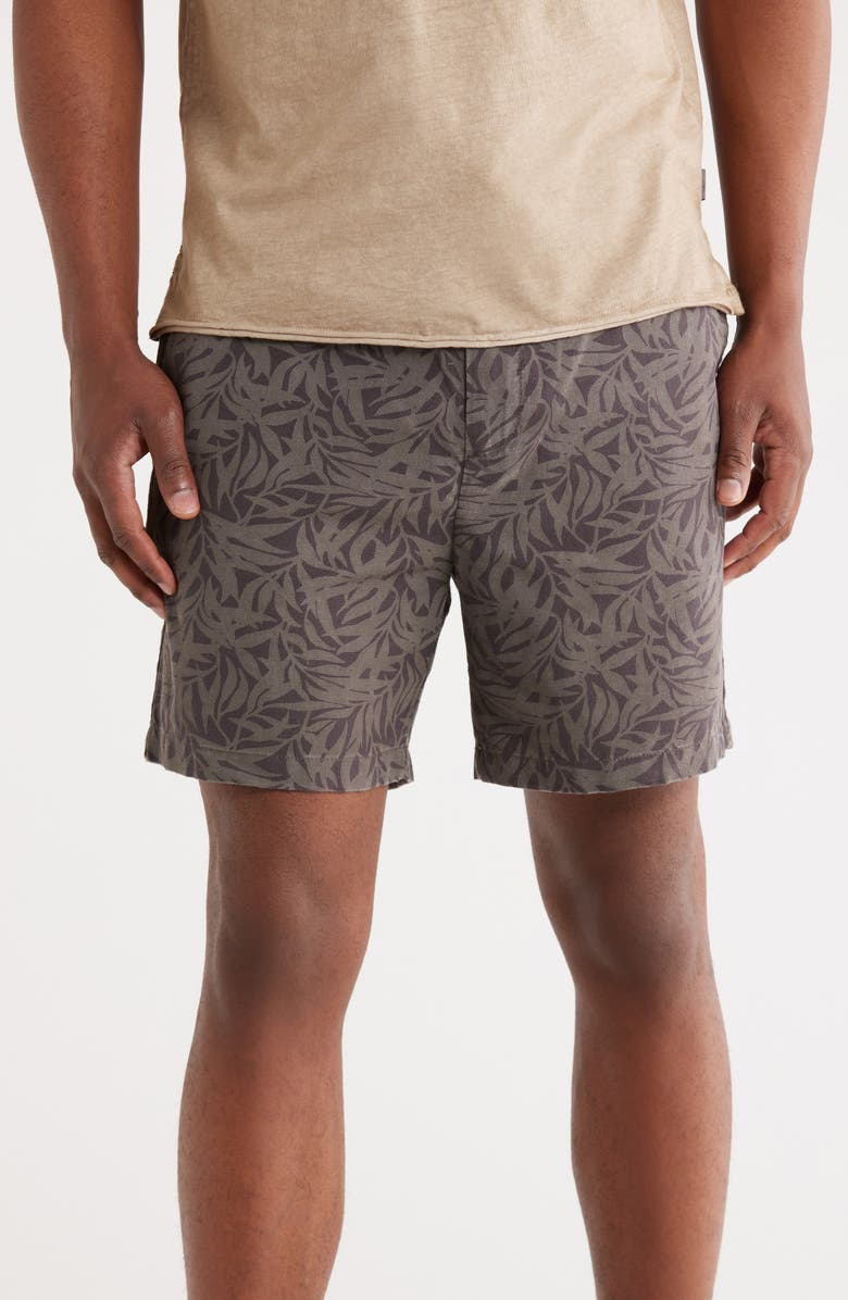 John Varvatos Daryl Leaf Print Cotton & Hemp Drawstring Shorts, Main, color, Licorice