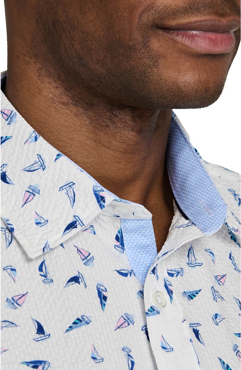 CONSTRUCT Slim Fit Set Sail Woven Short Sleeve Seersucker, Alternate, color, White/Pink