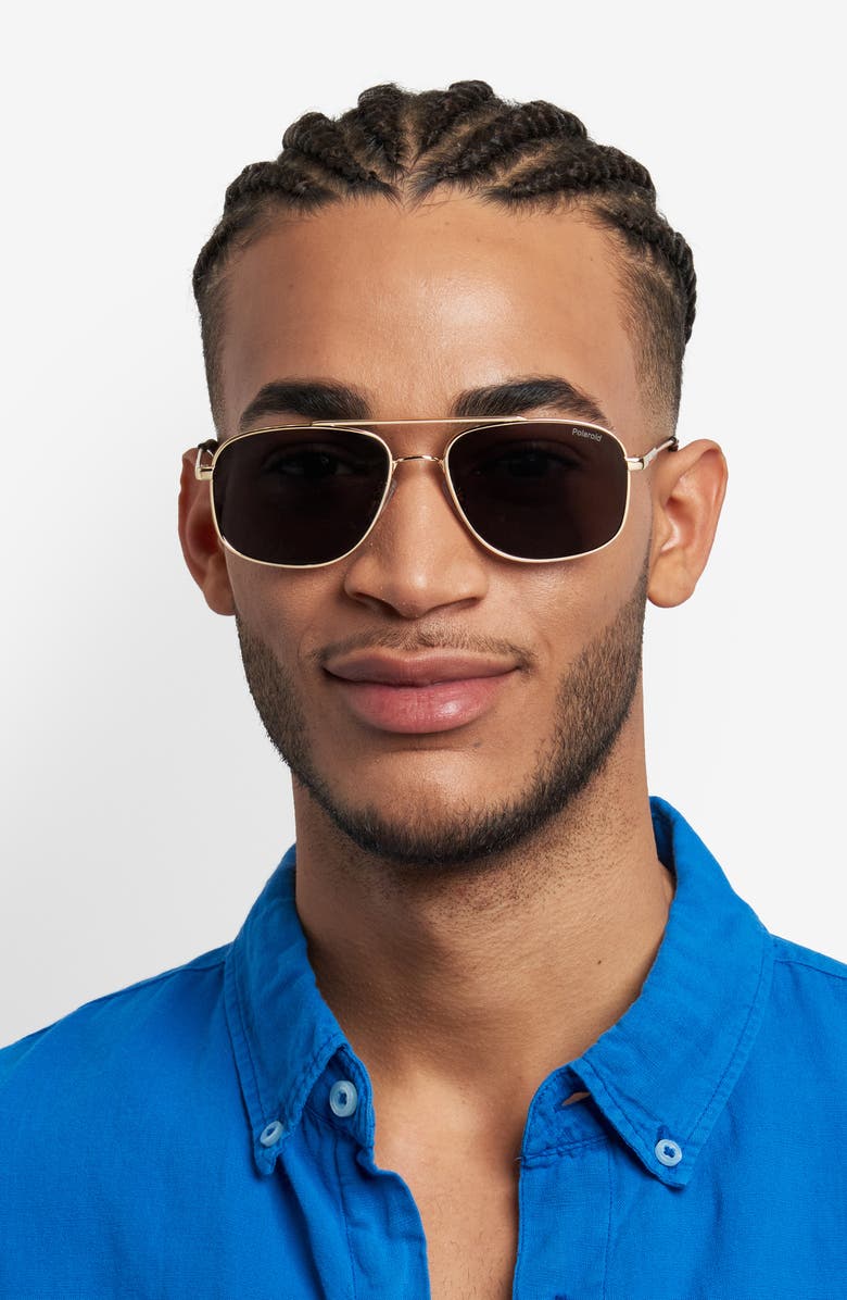 Polaroid 56mm Polarized Rectangular Sunglasses, Alternate, color, Gold Grey/ Grey Polar