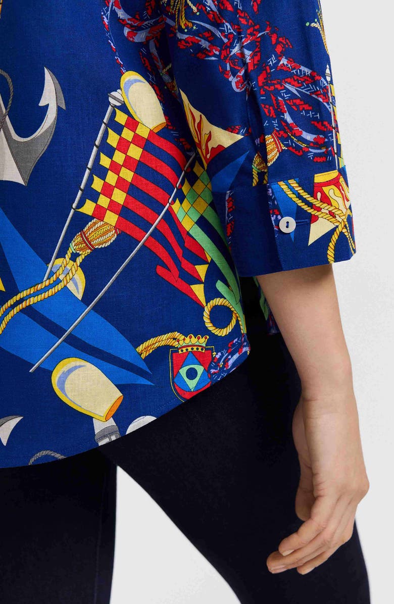 Foxcroft Zoey Nautical Three-Quarter Sleeve Linen Blend Button-Up Shirt, Alternate, color, Navy Multi