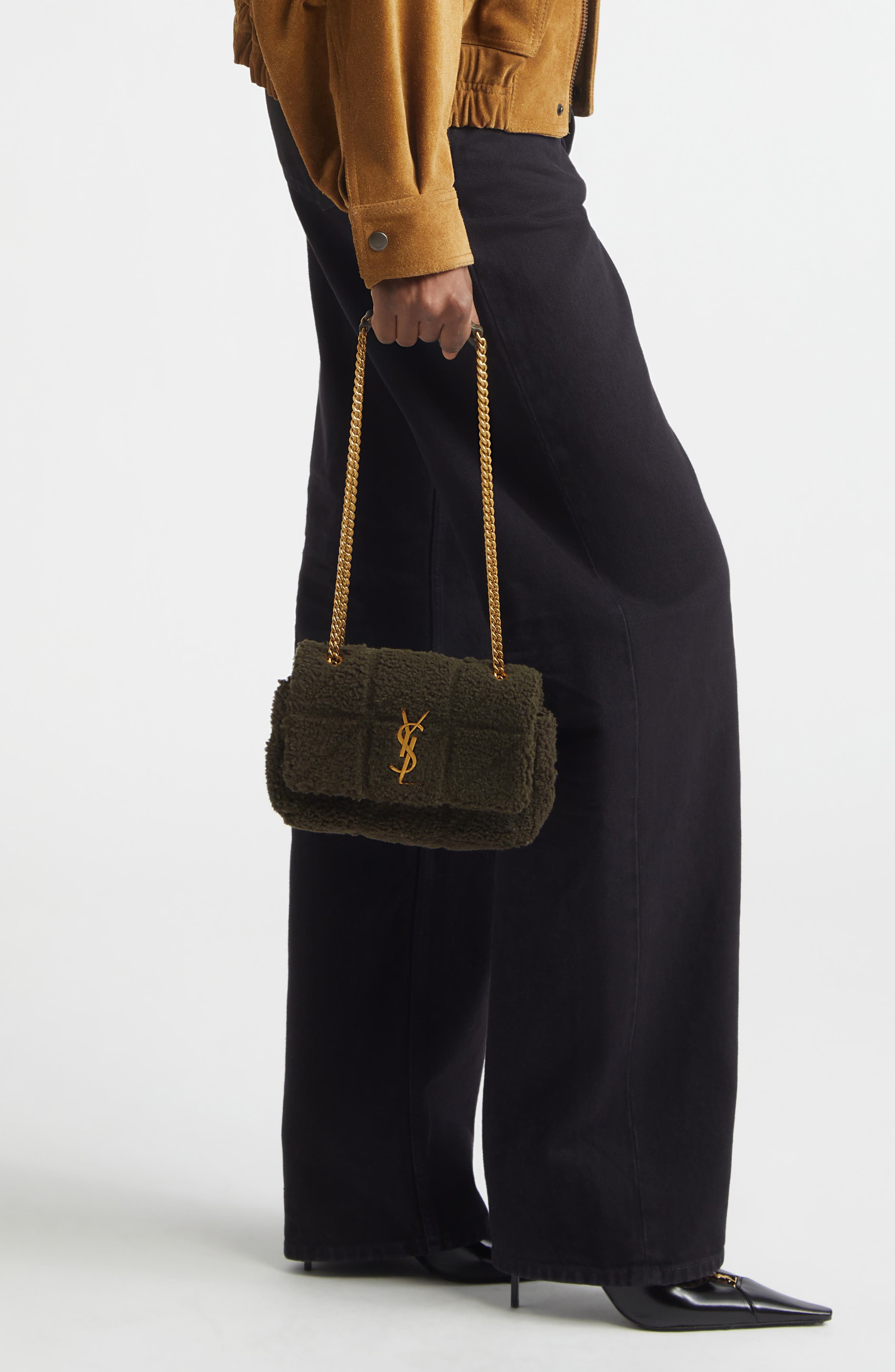 Saint Laurent Small Jamie Genuine Shearling Shoulder Bag, Alternate, color, Lichen