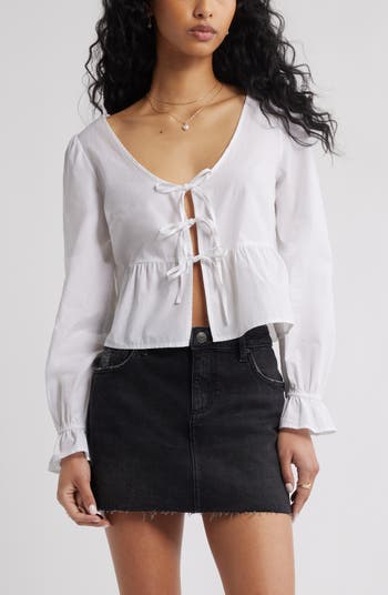 Tie Front Scoop Neck Cotton Poplin Peplum Top