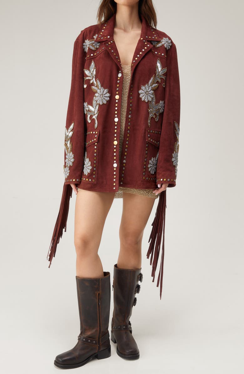 NASTY GAL Embellished Fringe Trim Suede Jacket, Main, color, 