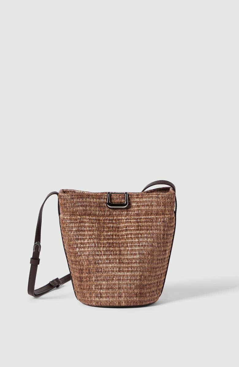 Brunello Cucinelli Raffia sartorial small bucket bag, Alternate, color, Light Brown