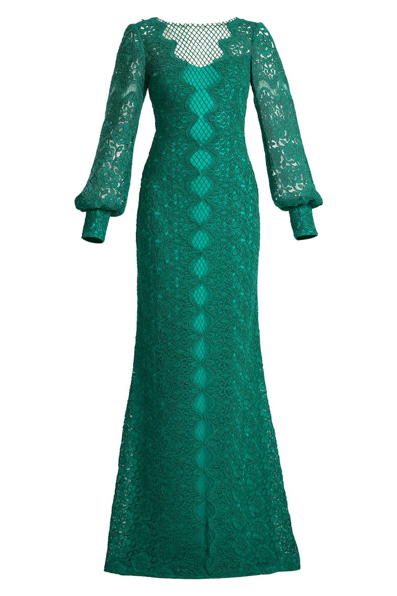 Long sleeve Corded Lace Gown, Alternate, color, EMERALD