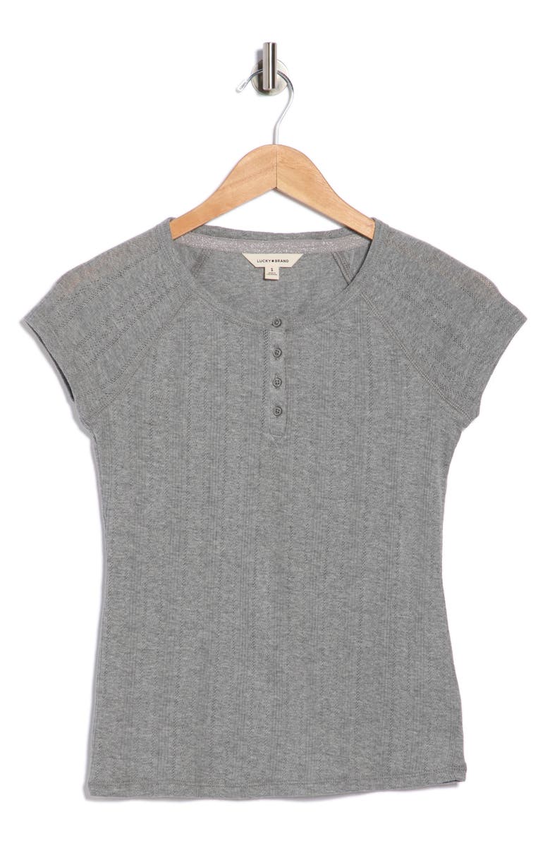 Lucky Brand Pointelle Cap Sleeve Cotton Blend Henley, Main, color, Medium Heather Grey