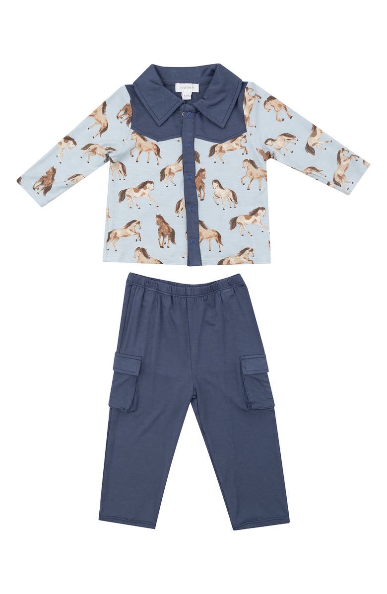 Angel Dear Cowboy Horses Print Shirt & Cargo Pants Set, Main, color, Blue