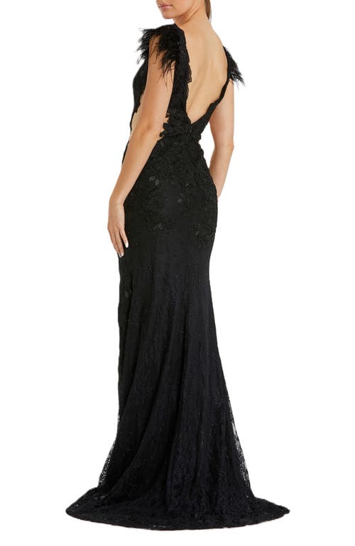 Mac Duggal Feather Cap Sleeve Lace Gown In Black