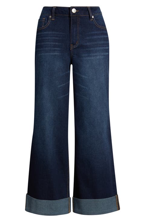 High Waist Rolled Cuff Slim Wide Leg Jeans (Xay)