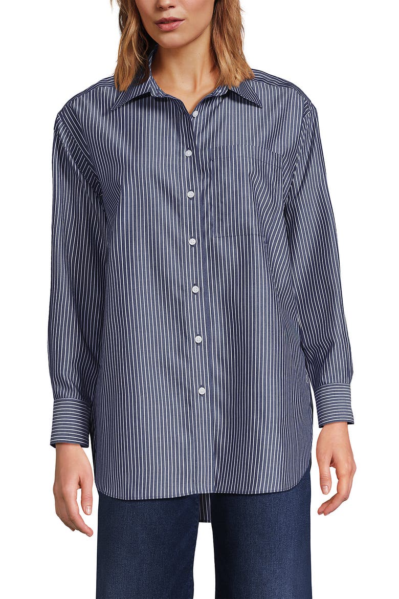 No Iron Oversized Poplin Extra Long Tunic, Main, color, Deep Sea Navy Thin Stripe